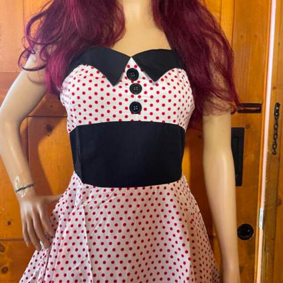 Women's Dress Retro Vintage Swing 1950's halter mini polkadot print - Picture 3 of 5